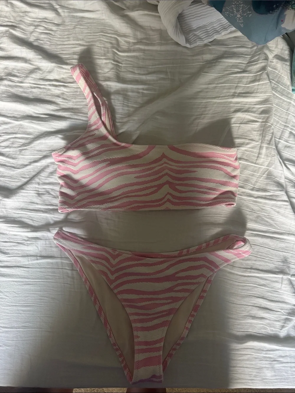 triangl swimwear Pink and White Zebra One-Shoulder Bikini Set